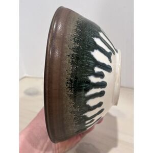 Signed Studio Art Pottery Bowl Bronze Blue Drip Glaze 7" Diameter
